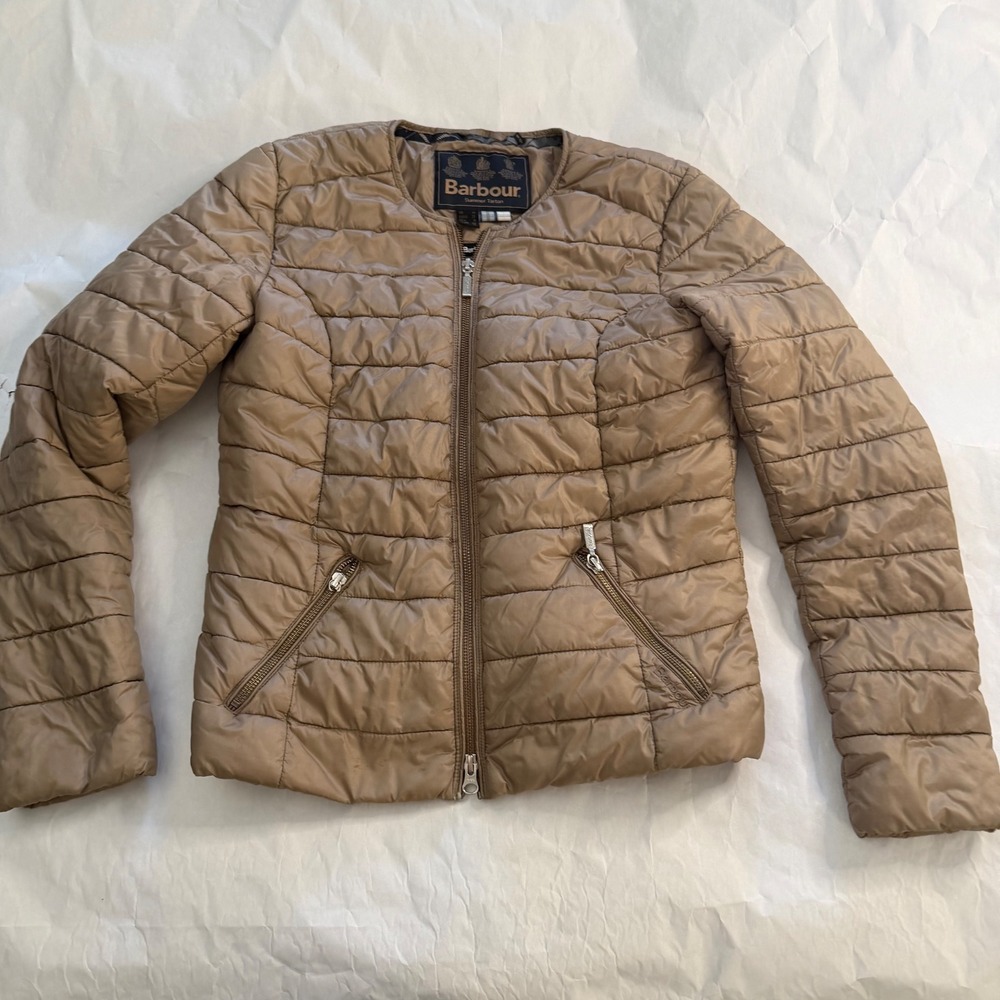Barbour Fibre Down Quilt Light Puffer Jacket Tan Womens Summer Tartan Full Zip